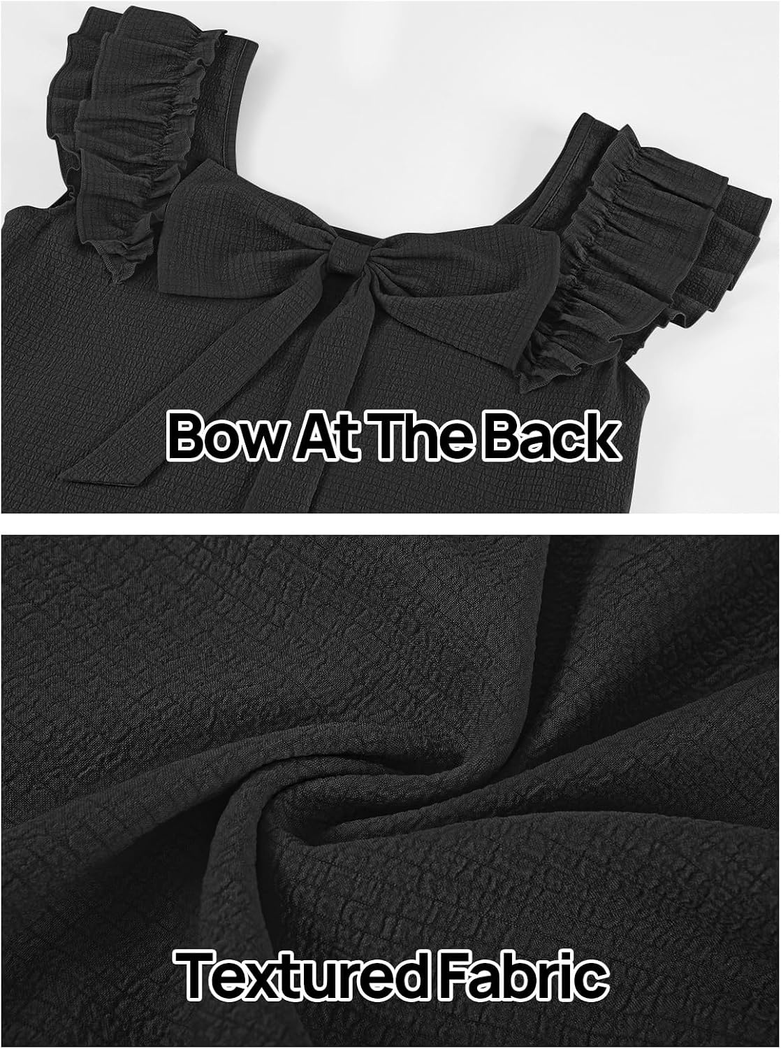 image:imageMEROKEETY Womens Fall Ruffle Sleeve Square Neck Bow Mini Dresses Short Sleeve Open Back Two Side Pockets Above Knee Length Solid Color Slim Fit 2026 Fashion Outfits TrendyBlack