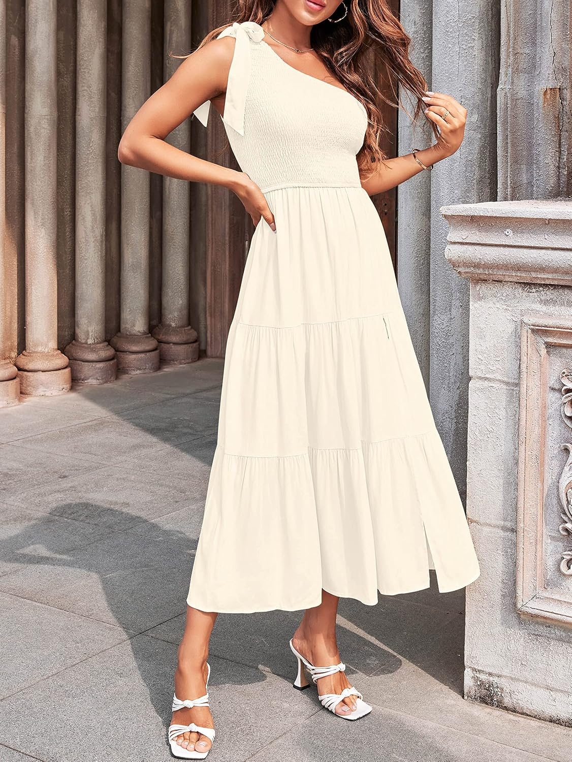 image:imageMEROKEETY Womens One Shoulder Smocked Summer Sleeveless Midi Dresses Side Slit Tiered High Waist Shoulder Tie Flowy A Line Formal Cocktail Party Wedding Guest Beach Vacation Long DressBeige