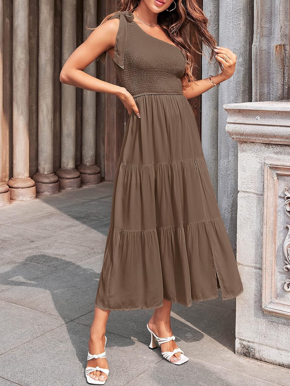 image:imageMEROKEETY Womens One Shoulder Smocked Summer Sleeveless Midi Dresses Side Slit Tiered High Waist Shoulder Tie Flowy A Line Formal Cocktail Party Wedding Guest Beach Vacation Long DressCoffee