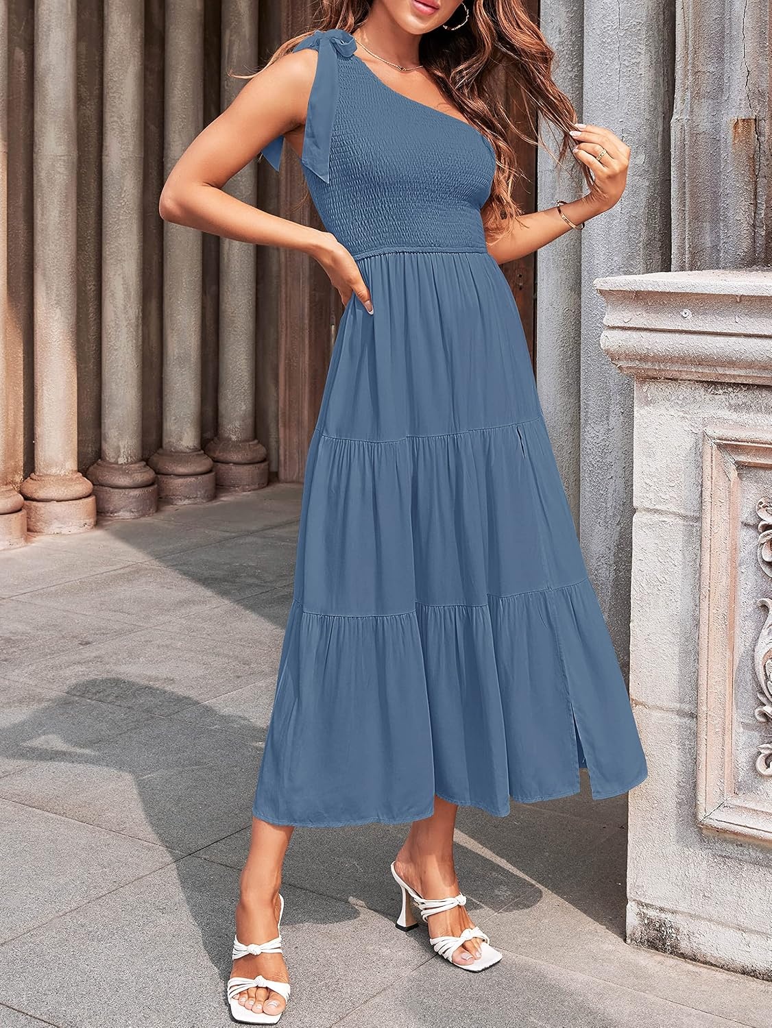 image:imageMEROKEETY Womens One Shoulder Smocked Summer Sleeveless Midi Dresses Side Slit Tiered High Waist Shoulder Tie Flowy A Line Formal Cocktail Party Wedding Guest Beach Vacation Long DressDusty Blue
