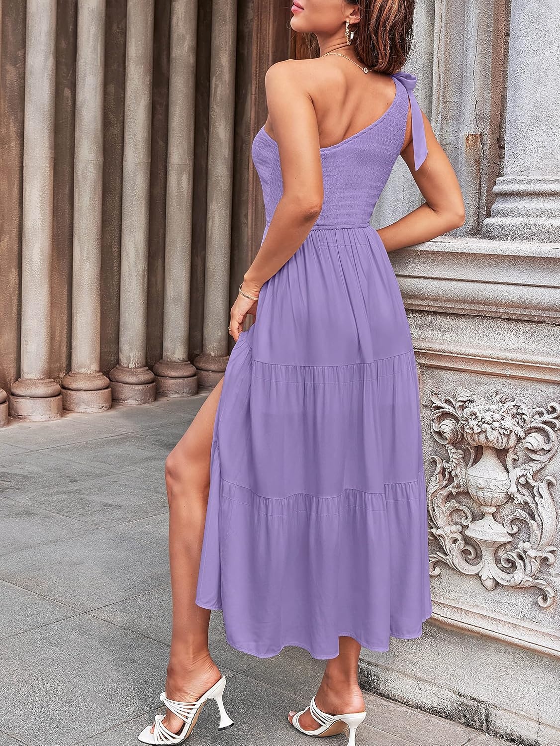image:imageMEROKEETY Womens One Shoulder Smocked Summer Sleeveless Midi Dresses Side Slit Tiered High Waist Shoulder Tie Flowy A Line Formal Cocktail Party Wedding Guest Beach Vacation Long DressPurple