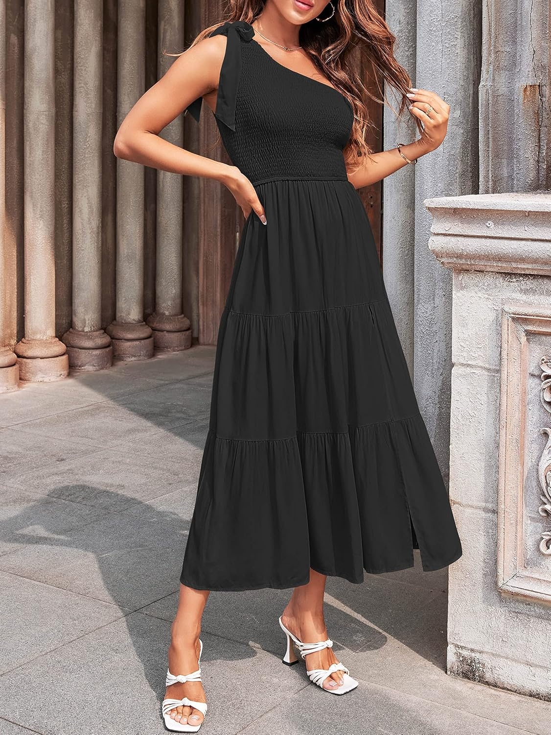 image:imageMEROKEETY Womens One Shoulder Smocked Summer Sleeveless Midi Dresses Side Slit Tiered High Waist Shoulder Tie Flowy A Line Formal Cocktail Party Wedding Guest Beach Vacation Long DressBlack