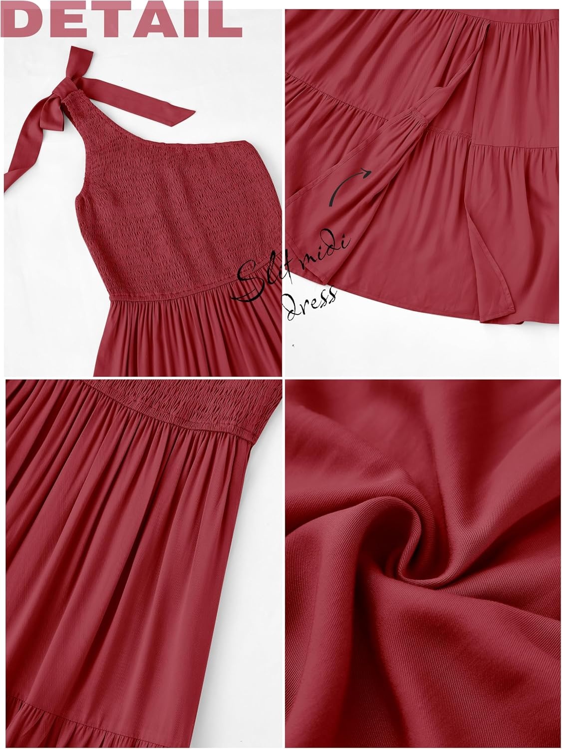 image:imageMEROKEETY Womens One Shoulder Smocked Summer Sleeveless Midi Dresses Side Slit Tiered High Waist Shoulder Tie Flowy A Line Formal Cocktail Party Wedding Guest Beach Vacation Long DressWine
