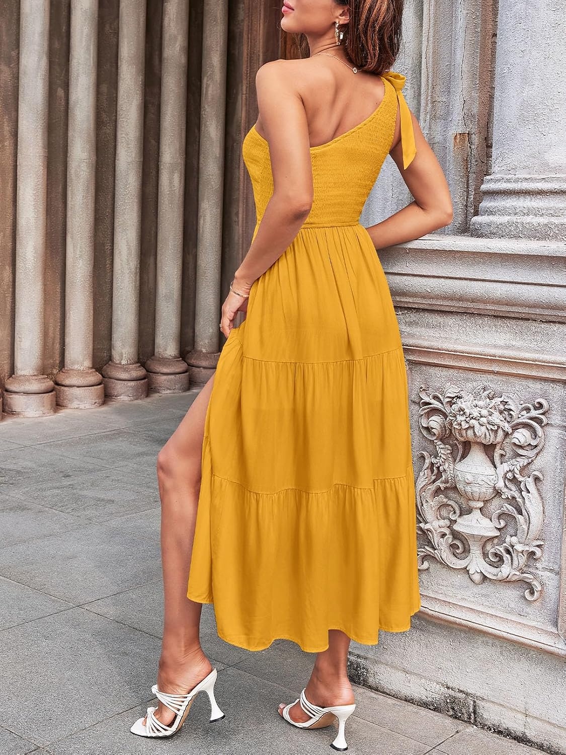 image:imageMEROKEETY Womens One Shoulder Smocked Summer Sleeveless Midi Dresses Side Slit Tiered High Waist Shoulder Tie Flowy A Line Formal Cocktail Party Wedding Guest Beach Vacation Long DressMustard