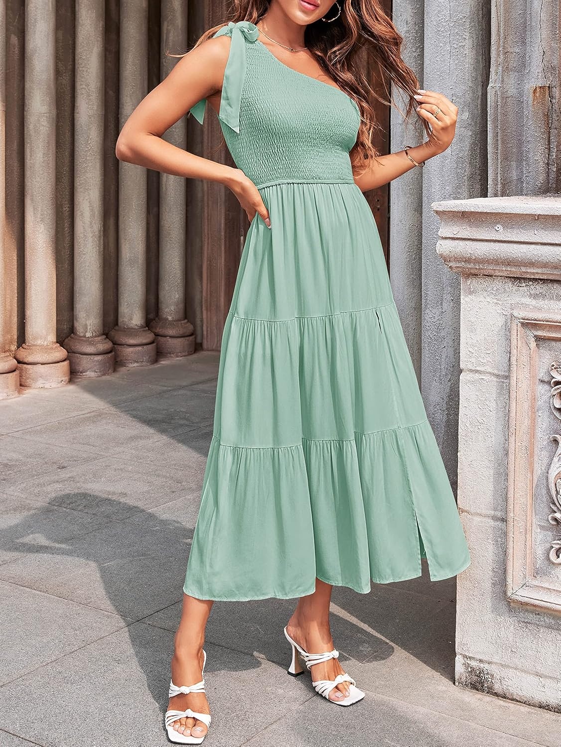 image:imageMEROKEETY Womens One Shoulder Smocked Summer Sleeveless Midi Dresses Side Slit Tiered High Waist Shoulder Tie Flowy A Line Formal Cocktail Party Wedding Guest Beach Vacation Long DressSage