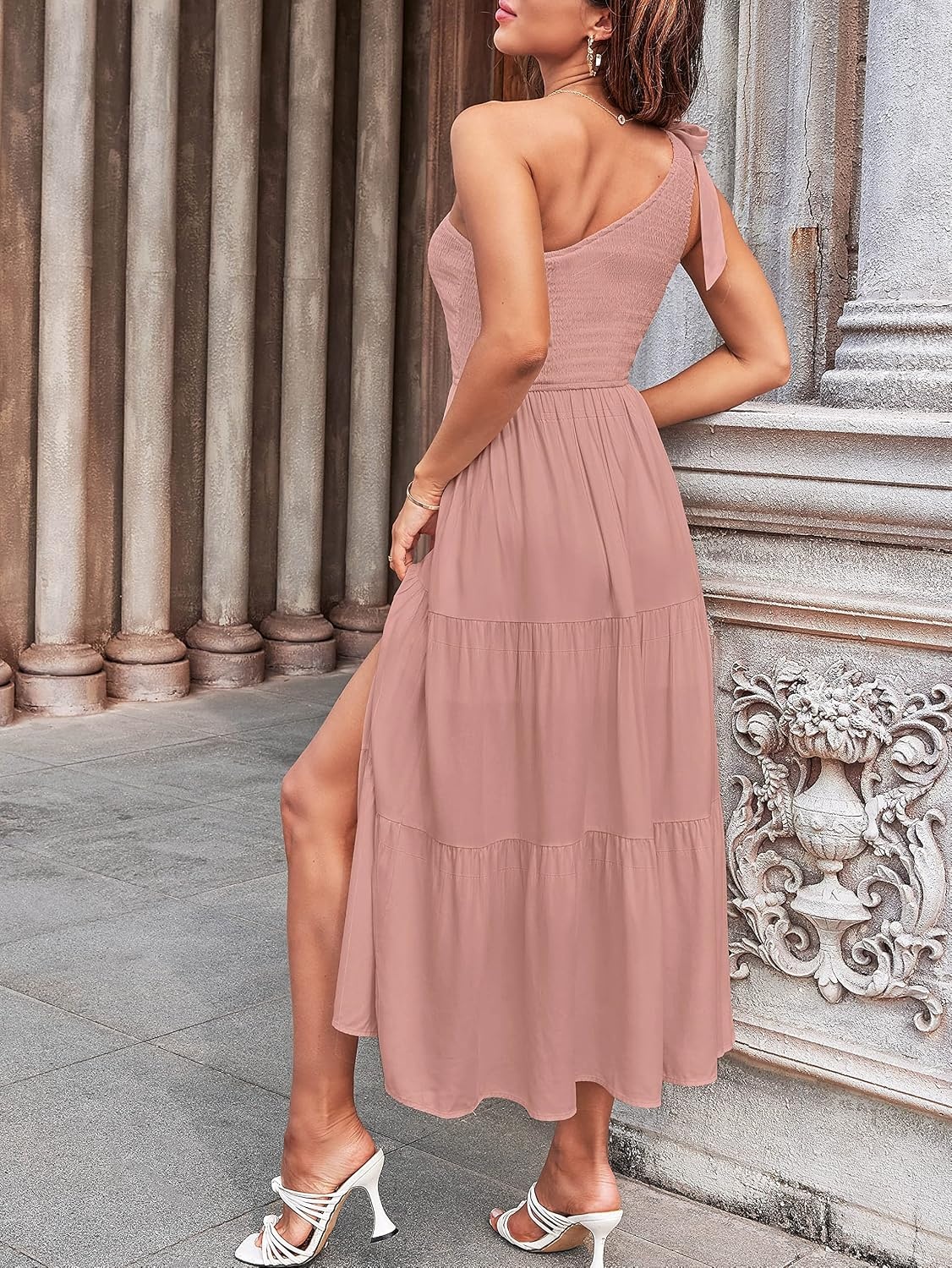 image:imageMEROKEETY Womens One Shoulder Smocked Summer Sleeveless Midi Dresses Side Slit Tiered High Waist Shoulder Tie Flowy A Line Formal Cocktail Party Wedding Guest Beach Vacation Long DressPink