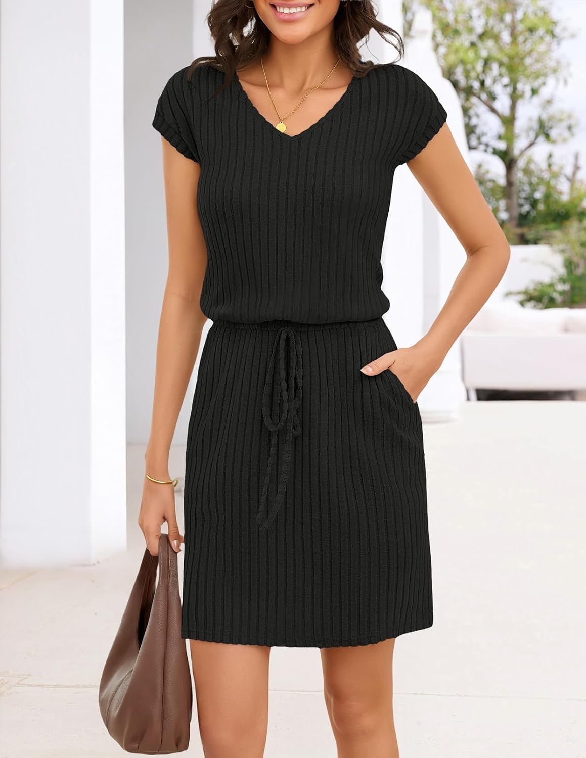image:imageMEROKEETY Womens Summer Cap Sleeve TShirt Mini Dress 2026 V Neck Stretchable Tie Waist Cinched Beach Vacation Shirt Sundress Pockets Casual Travel Boat OutfitBlack