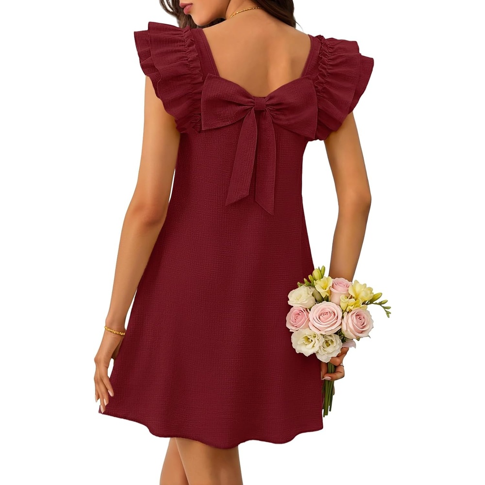 image:imageMEROKEETY Womens Fall Ruffle Sleeve Square Neck Bow Mini Dresses Short Sleeve Open Back Two Side Pockets Above Knee Length Solid Color Slim Fit 2026 Fashion Outfits TrendyWine