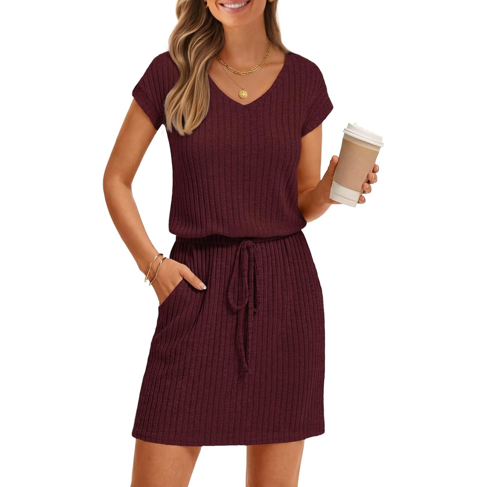 image:imageMEROKEETY Womens Summer Cap Sleeve TShirt Mini Dress 2026 V Neck Stretchable Tie Waist Cinched Beach Vacation Shirt Sundress Pockets Casual Travel Boat OutfitBurgundy