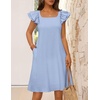 MEROKEETY Women’s Fall Ruffle Sleeve Square Neck Bow Mini Dresses | Short Sleeve, Open Back, Two Side Pockets, Above Knee Length, Solid Color, Slim Fit, 2026 Fashion Outfits Trendy(Light Blue)