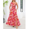 MEROKEETY Womens One Shoulder Smocked Summer Sleeveless Midi Dresses | Side Slit, Tiered, High Waist, Shoulder Tie, Flowy, A Line, Formal, Cocktail Party, Wedding Guest, Beach, Vacation Long Dress(Orange Floral)
