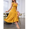 MEROKEETY Womens One Shoulder Smocked Summer Sleeveless Midi Dresses | Side Slit, Tiered, High Waist, Shoulder Tie, Flowy, A Line, Formal, Cocktail Party, Wedding Guest, Beach, Vacation Long Dress(Mustard)
