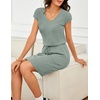 MEROKEETY Women’s Summer Cap Sleeve T-Shirt Mini Dress | 2026, V Neck, Stretchable, Tie Waist, Cinched, Beach Vacation, Shirt Sundress, Pockets, Casual, Travel Boat Outfit(Seagrass)