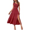 MEROKEETY Womens One Shoulder Smocked Summer Sleeveless Midi Dresses | Side Slit, Tiered, High Waist, Shoulder Tie, Flowy, A Line, Formal, Cocktail Party, Wedding Guest, Beach, Vacation Long Dress(Wine)