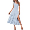 MEROKEETY Womens One Shoulder Smocked Summer Sleeveless Midi Dresses | Side Slit, Tiered, High Waist, Shoulder Tie, Flowy, A Line, Formal, Cocktail Party, Wedding Guest, Beach, Vacation Long Dress(Light Blue)