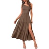 MEROKEETY Womens One Shoulder Smocked Summer Sleeveless Midi Dresses | Side Slit, Tiered, High Waist, Shoulder Tie, Flowy, A Line, Formal, Cocktail Party, Wedding Guest, Beach, Vacation Long Dress(Coffee)