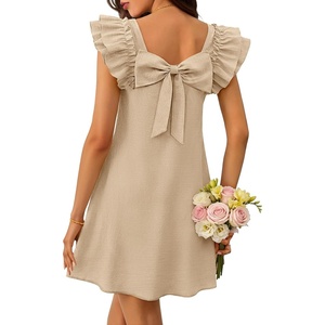 MEROKEETY Women’s Fall Ruffle Sleeve Square Neck Bow Mini Dresses | Short Sleeve, Open Back, Two Side Pockets, Above Knee Length, Solid Color, Slim Fit, 2026 Fashion Outfits Trendy(Apricot)