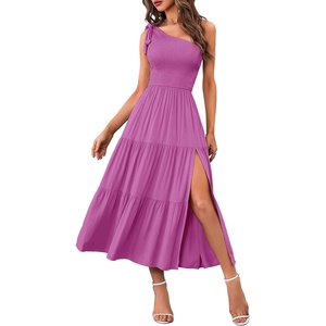 MEROKEETY Womens One Shoulder Smocked Summer Sleeveless Midi Dresses | Side Slit, Tiered, High Waist, Shoulder Tie, Flowy, A Line, Formal, Cocktail Party, Wedding Guest, Beach, Vacation Long Dress(Plum)