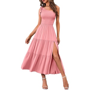 MEROKEETY Womens One Shoulder Smocked Summer Sleeveless Midi Dresses | Side Slit, Tiered, High Waist, Shoulder Tie, Flowy, A Line, Formal, Cocktail Party, Wedding Guest, Beach, Vacation Long Dress(Light Pink)