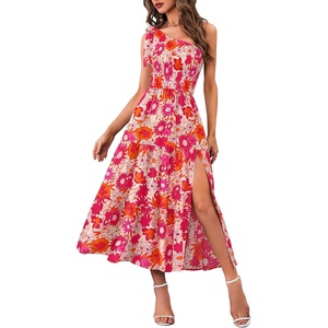 MEROKEETY Womens One Shoulder Smocked Summer Sleeveless Midi Dresses | Side Slit, Tiered, High Waist, Shoulder Tie, Flowy, A Line, Formal, Cocktail Party, Wedding Guest, Beach, Vacation Long Dress(Orange Floral)