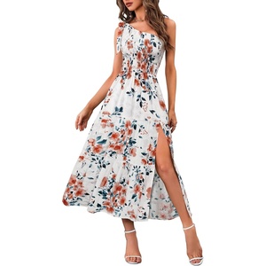 MEROKEETY Womens One Shoulder Smocked Summer Sleeveless Midi Dresses | Side Slit, Tiered, High Waist, Shoulder Tie, Flowy, A Line, Formal, Cocktail Party, Wedding Guest, Beach, Vacation Long Dress(White Red)