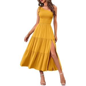 MEROKEETY Womens One Shoulder Smocked Summer Sleeveless Midi Dresses | Side Slit, Tiered, High Waist, Shoulder Tie, Flowy, A Line, Formal, Cocktail Party, Wedding Guest, Beach, Vacation Long Dress(Mustard)