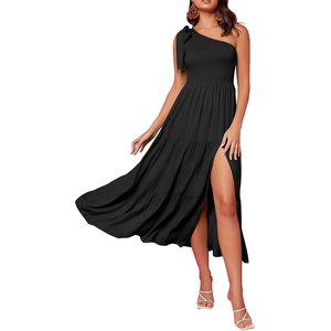 MEROKEETY Womens One Shoulder Smocked Summer Sleeveless Midi Dresses | Side Slit, Tiered, High Waist, Shoulder Tie, Flowy, A Line, Formal, Cocktail Party, Wedding Guest, Beach, Vacation Long Dress(Black)
