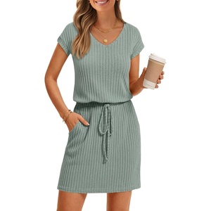 MEROKEETY Women’s Summer Cap Sleeve T-Shirt Mini Dress | 2026, V Neck, Stretchable, Tie Waist, Cinched, Beach Vacation, Shirt Sundress, Pockets, Casual, Travel Boat Outfit(Seagrass)