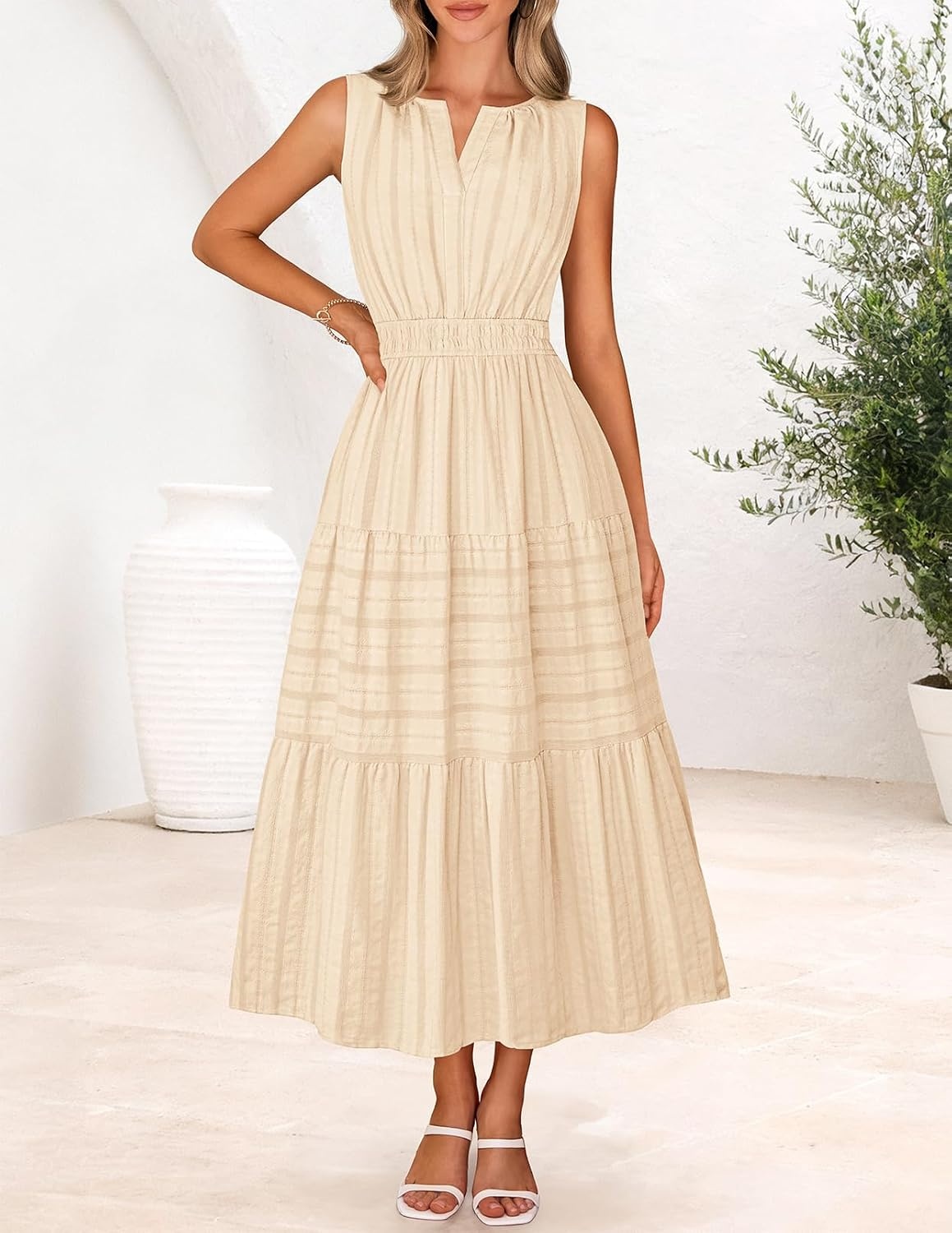 image:imageMEROKEETY Summer Casual Sleeveless V Neck Midi Maxi Cotton Dress Women 2026 Shirred Waist Eyelets Tiered Lined with Pockets Boho Semi Formal Modest Vacation Bridal Shower Church Long DressesApricot