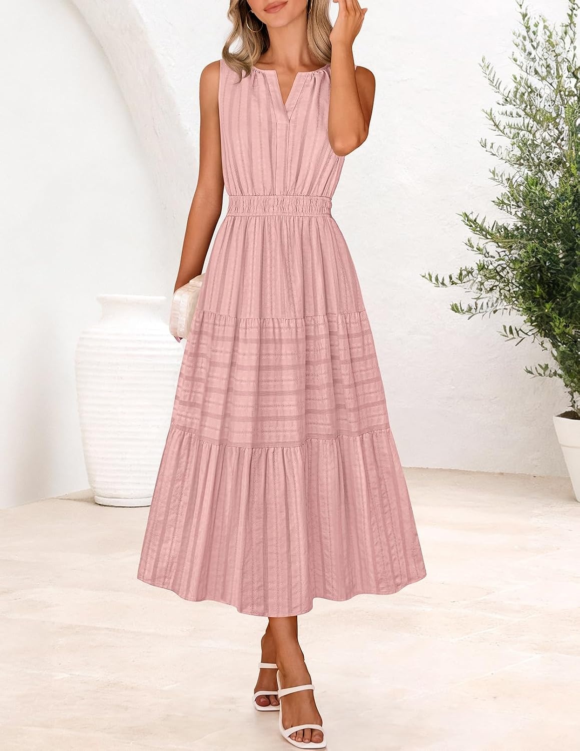 image:imageMEROKEETY Summer Casual Sleeveless V Neck Midi Maxi Cotton Dress Women 2026 Shirred Waist Eyelets Tiered Lined with Pockets Boho Semi Formal Modest Vacation Bridal Shower Church Long DressesPink