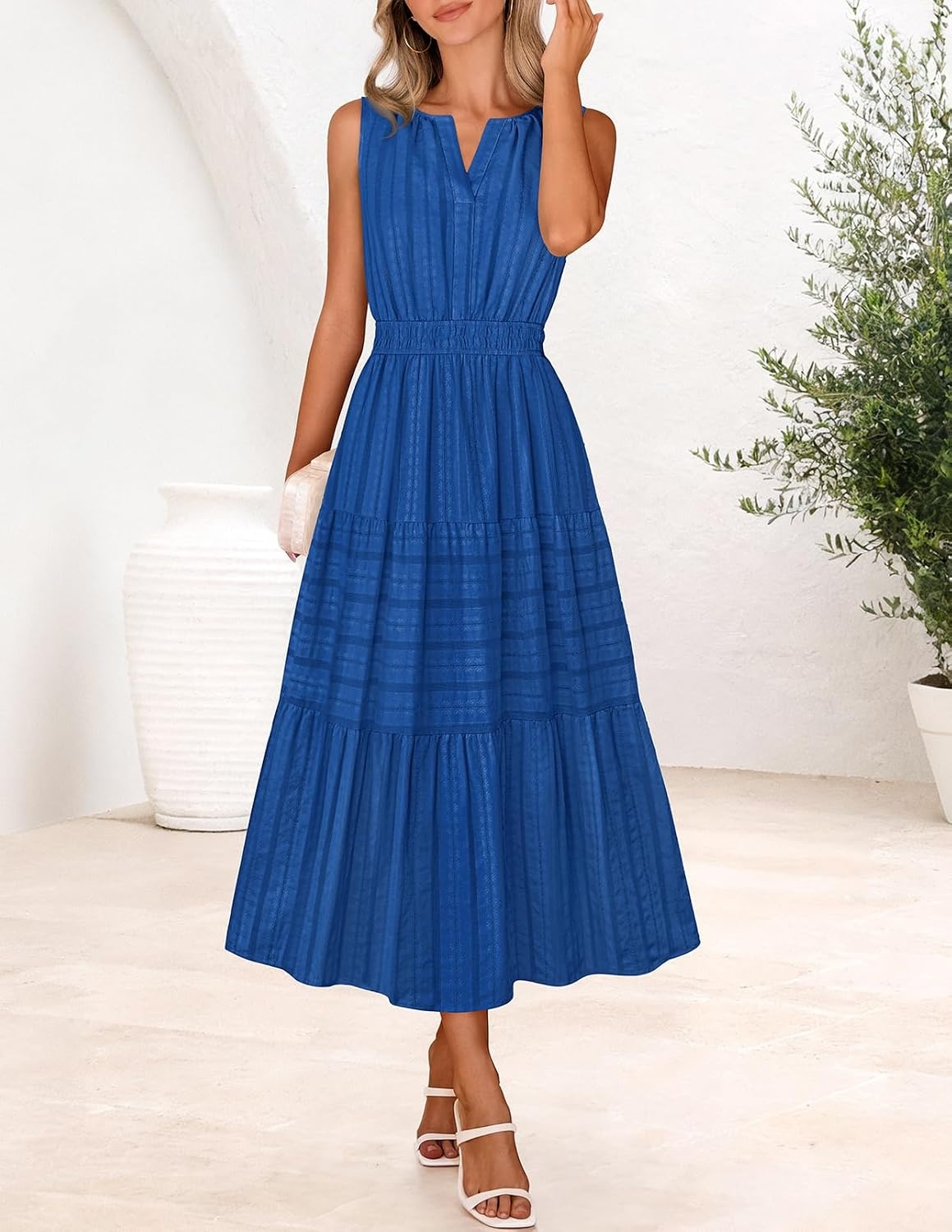 image:imageMEROKEETY Summer Casual Sleeveless V Neck Midi Maxi Cotton Dress Women 2026 Shirred Waist Eyelets Tiered Lined with Pockets Boho Semi Formal Modest Vacation Bridal Shower Church Long DressesRoyalblue
