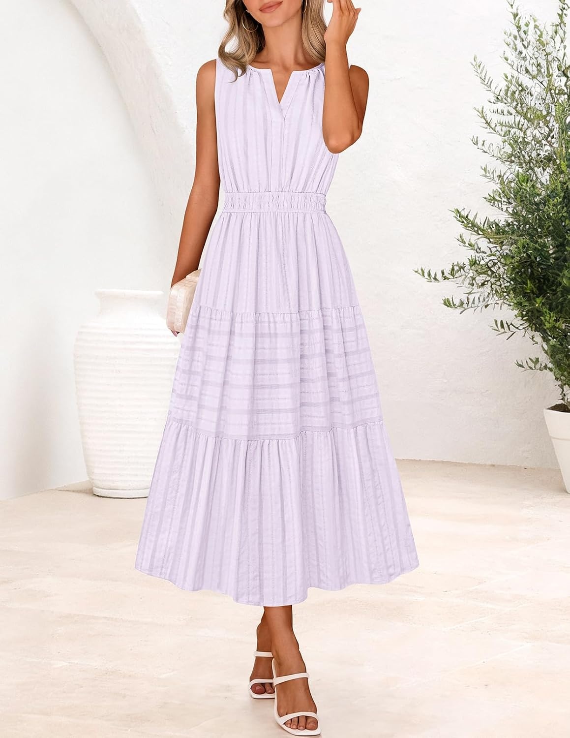 image:imageMEROKEETY Summer Casual Sleeveless V Neck Midi Maxi Cotton Dress Women 2026 Shirred Waist Eyelets Tiered Lined with Pockets Boho Semi Formal Modest Vacation Bridal Shower Church Long DressesLightpurple