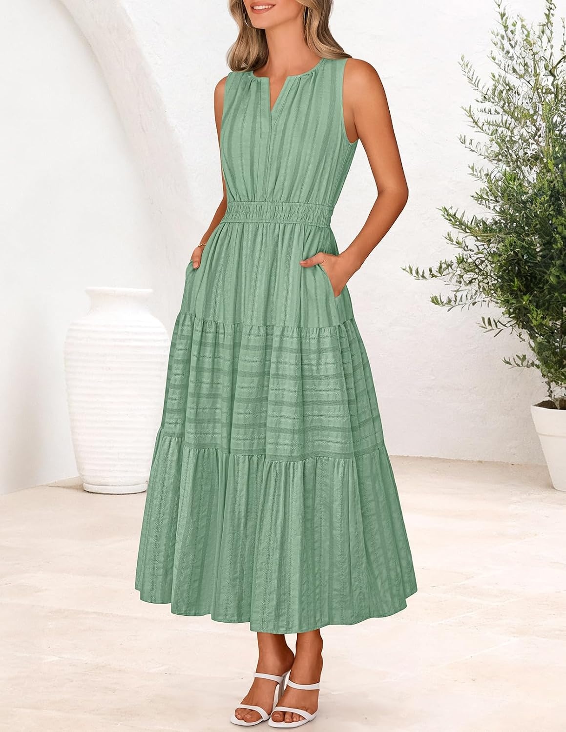 image:imageMEROKEETY Summer Casual Sleeveless V Neck Midi Maxi Cotton Dress Women 2026 Shirred Waist Eyelets Tiered Lined with Pockets Boho Semi Formal Modest Vacation Bridal Shower Church Long DressesSage