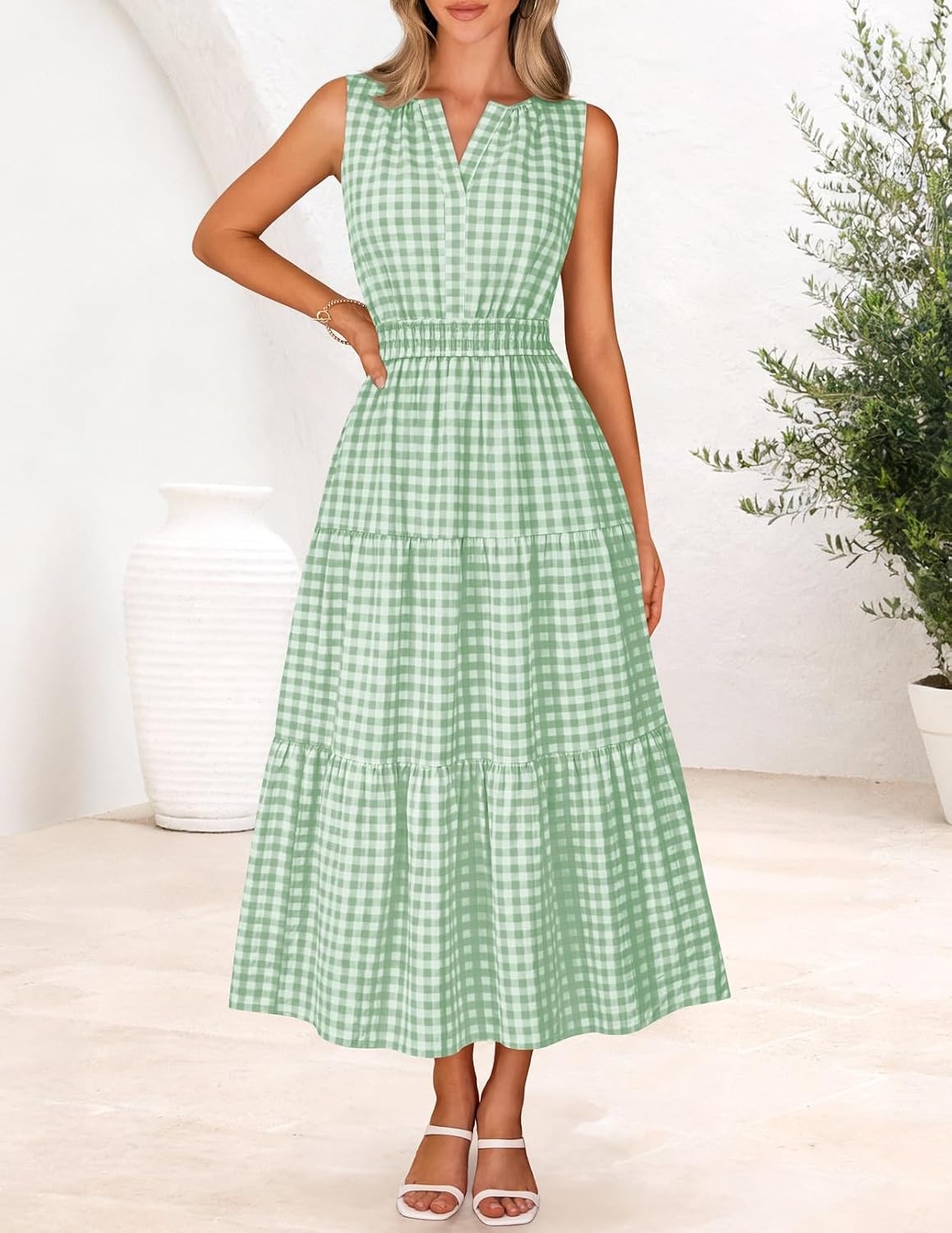 image:imageMEROKEETY Summer Casual Sleeveless V Neck Midi Maxi Cotton Dress Women 2026 Shirred Waist Eyelets Tiered Lined with Pockets Boho Semi Formal Modest Vacation Bridal Shower Church Long DressesGreengingham