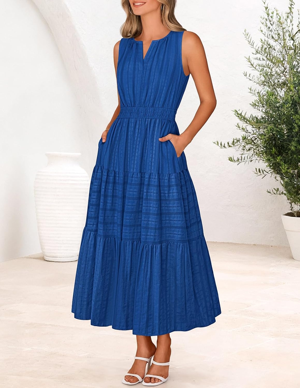 image:imageMEROKEETY Summer Casual Sleeveless V Neck Midi Maxi Cotton Dress Women 2026 Shirred Waist Eyelets Tiered Lined with Pockets Boho Semi Formal Modest Vacation Bridal Shower Church Long DressesRoyalblue