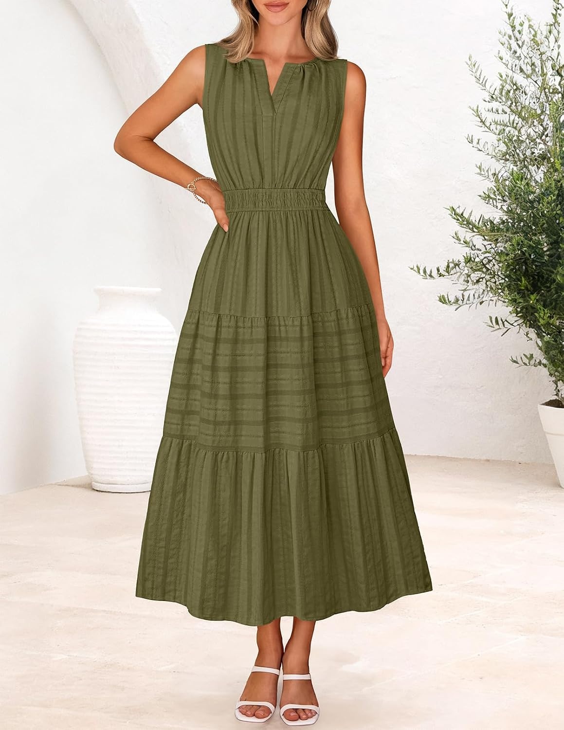 image:imageMEROKEETY Summer Casual Sleeveless V Neck Midi Maxi Cotton Dress Women 2026 Shirred Waist Eyelets Tiered Lined with Pockets Boho Semi Formal Modest Vacation Bridal Shower Church Long DressesArmygreen