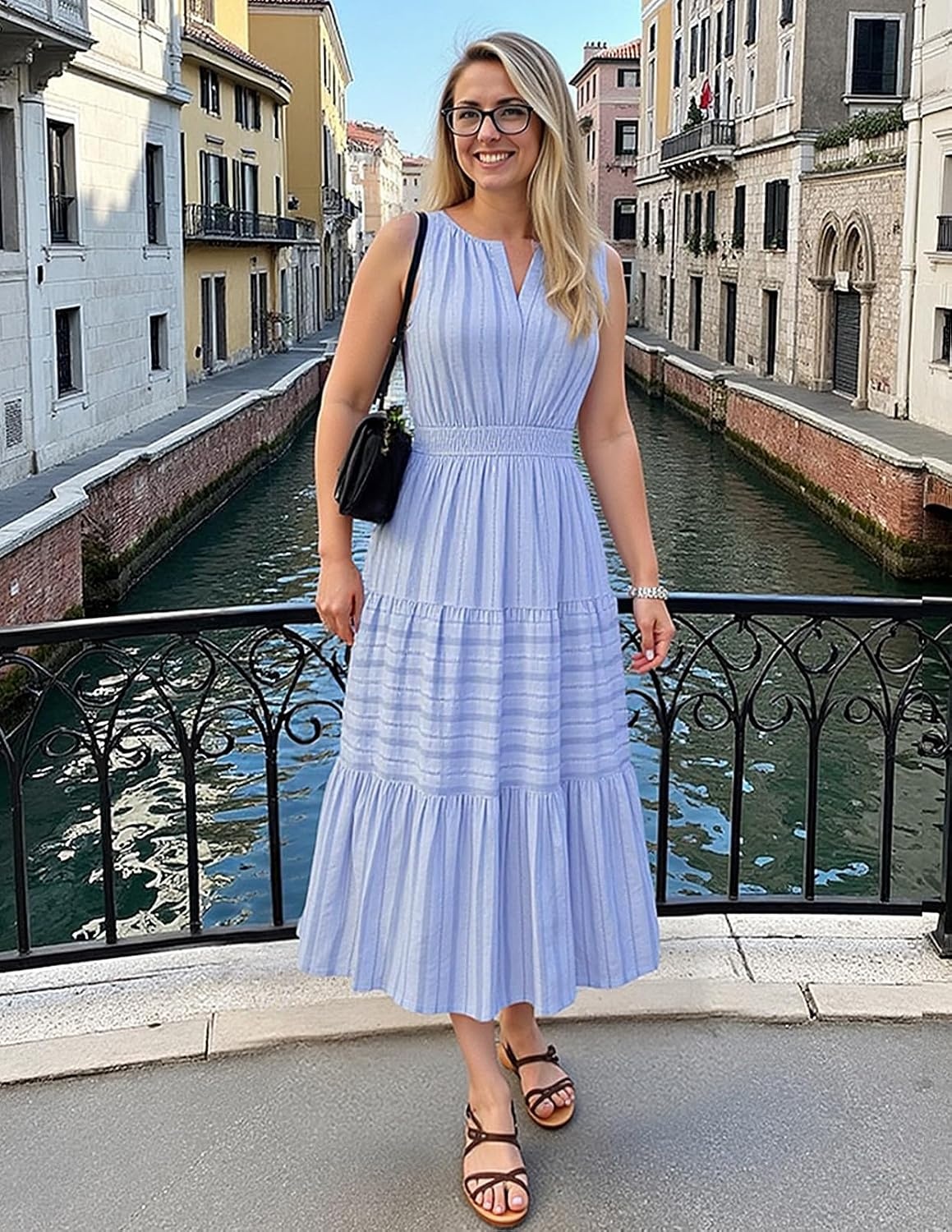 image:imageMEROKEETY Summer Casual Sleeveless V Neck Midi Maxi Cotton Dress Women 2026 Shirred Waist Eyelets Tiered Lined with Pockets Boho Semi Formal Modest Vacation Bridal Shower Church Long DressesBlue