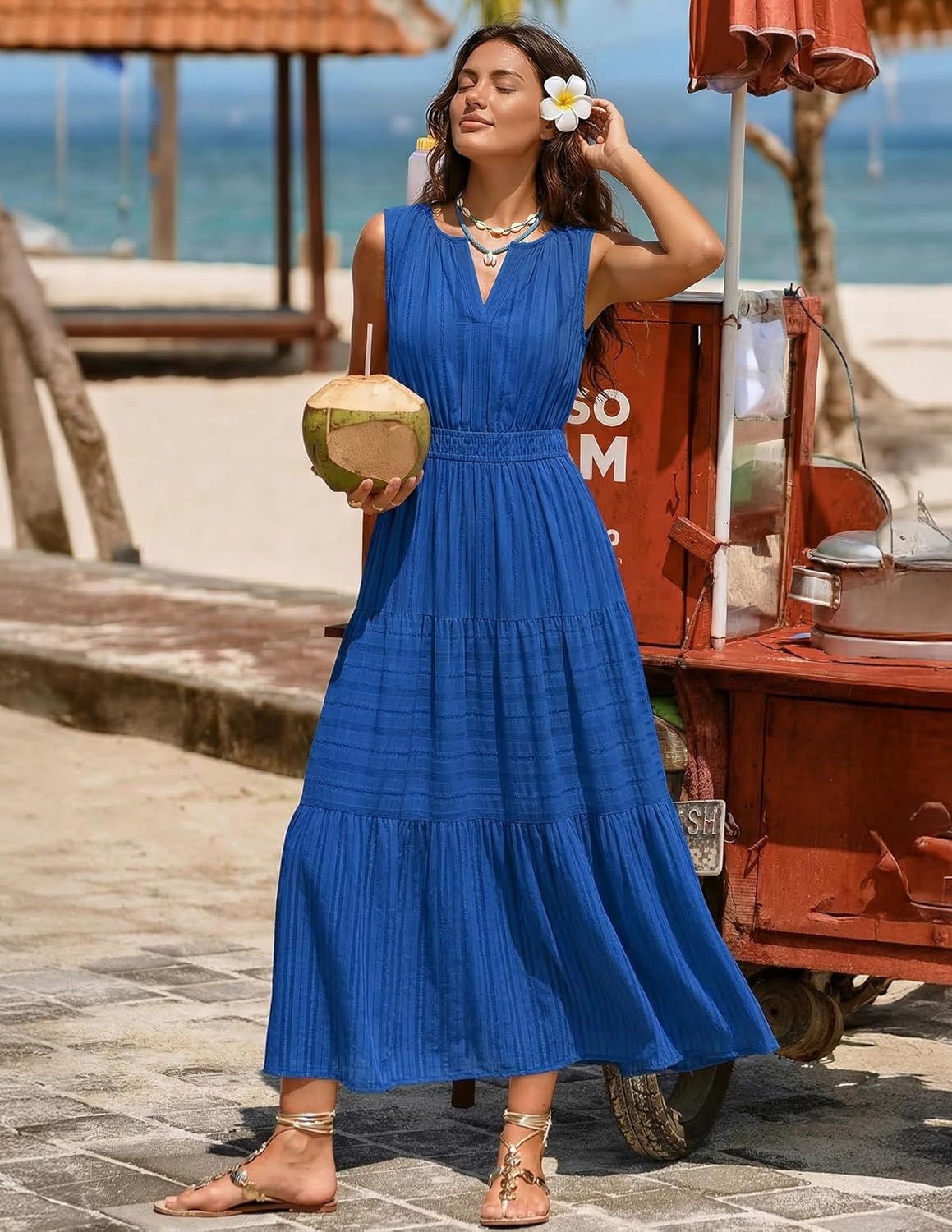 image:imageMEROKEETY Summer Casual Sleeveless V Neck Midi Maxi Cotton Dress Women 2026 Shirred Waist Eyelets Tiered Lined with Pockets Boho Semi Formal Modest Vacation Bridal Shower Church Long DressesRoyalblue