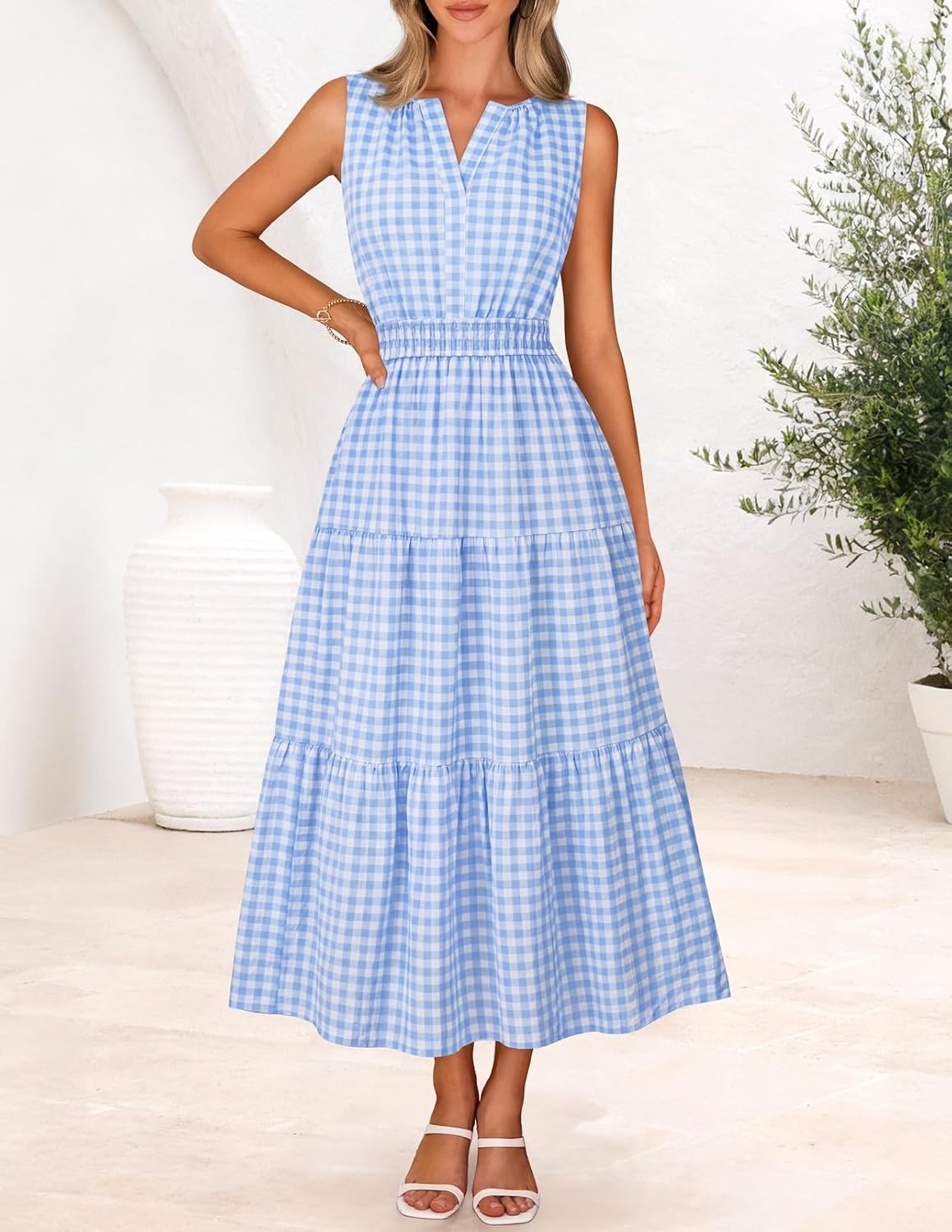 image:imageMEROKEETY Summer Casual Sleeveless V Neck Midi Maxi Cotton Dress Women 2026 Shirred Waist Eyelets Tiered Lined with Pockets Boho Semi Formal Modest Vacation Bridal Shower Church Long DressesBluegingham
