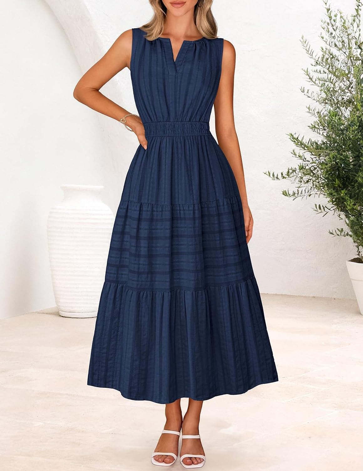 image:imageMEROKEETY Summer Casual Sleeveless V Neck Midi Maxi Cotton Dress Women 2026 Shirred Waist Eyelets Tiered Lined with Pockets Boho Semi Formal Modest Vacation Bridal Shower Church Long DressesNavy