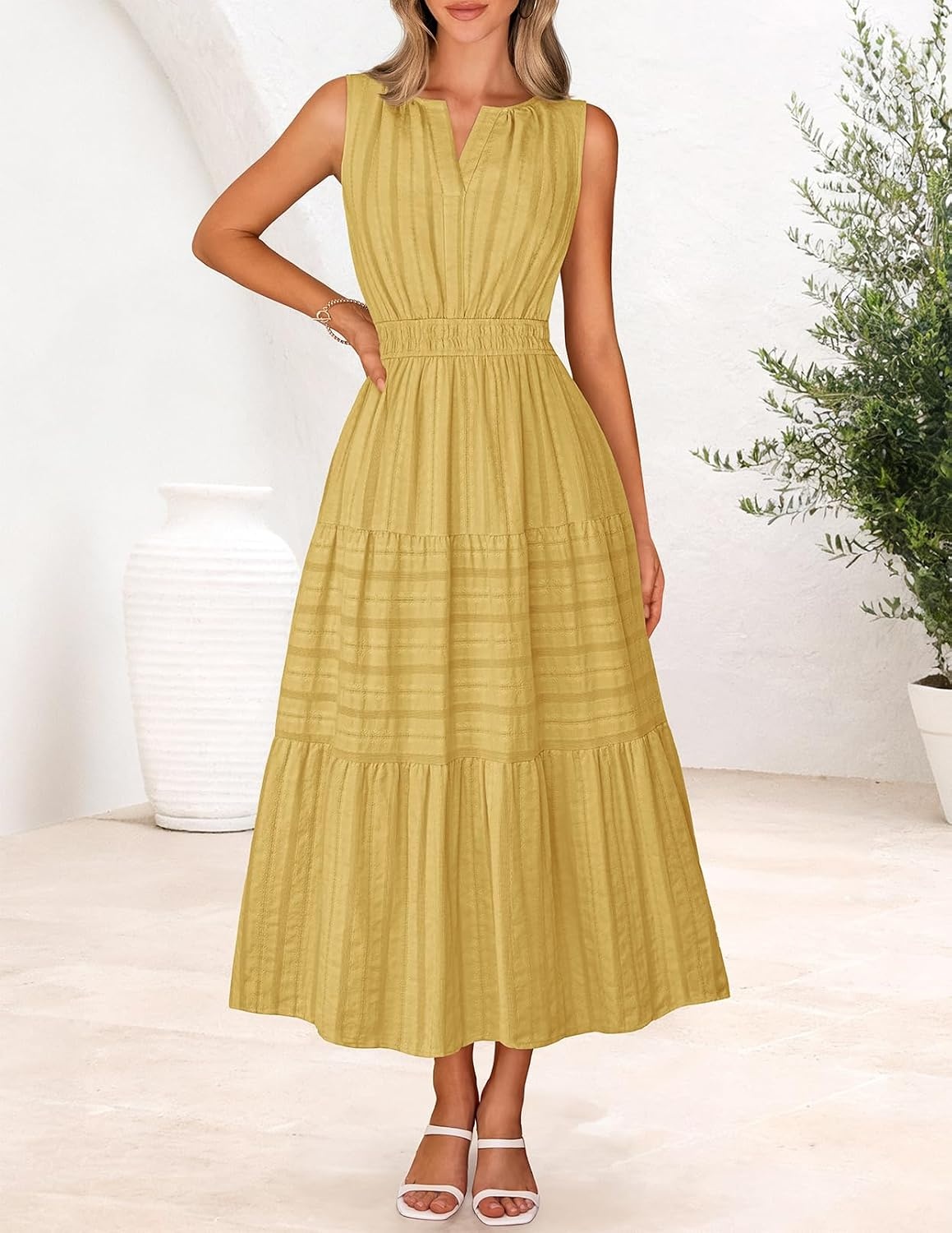 image:imageMEROKEETY Summer Casual Sleeveless V Neck Midi Maxi Cotton Dress Women 2026 Shirred Waist Eyelets Tiered Lined with Pockets Boho Semi Formal Modest Vacation Bridal Shower Church Long DressesYellow
