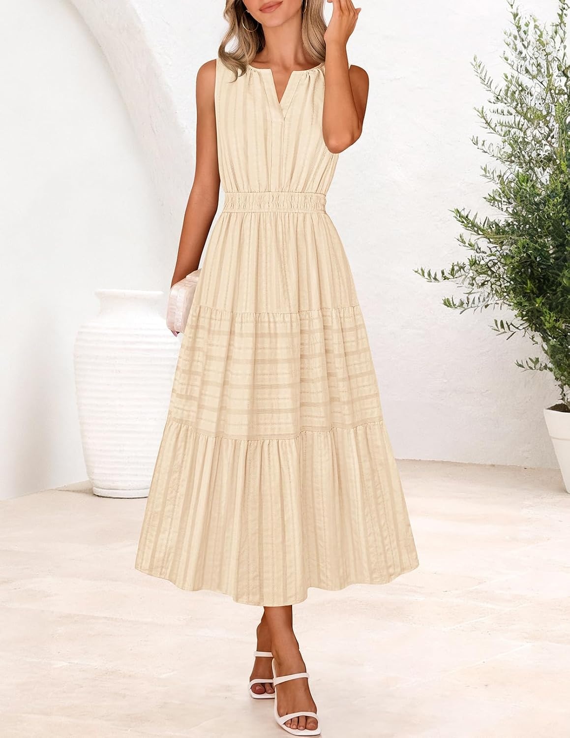 image:imageMEROKEETY Summer Casual Sleeveless V Neck Midi Maxi Cotton Dress Women 2026 Shirred Waist Eyelets Tiered Lined with Pockets Boho Semi Formal Modest Vacation Bridal Shower Church Long DressesApricot