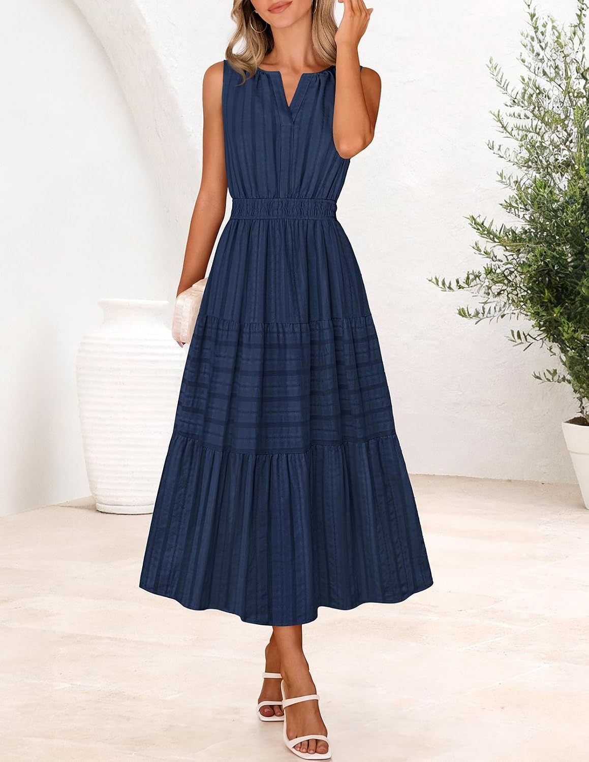 image:imageMEROKEETY Summer Casual Sleeveless V Neck Midi Maxi Cotton Dress Women 2026 Shirred Waist Eyelets Tiered Lined with Pockets Boho Semi Formal Modest Vacation Bridal Shower Church Long DressesNavy