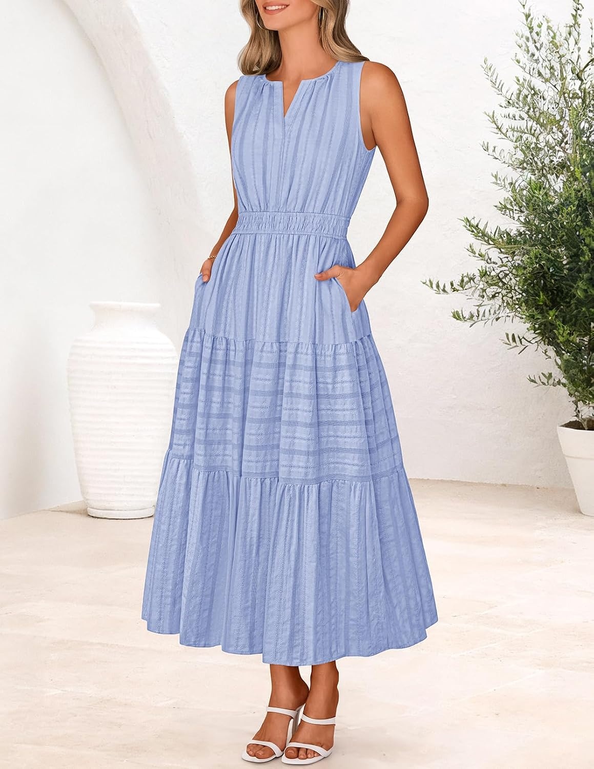 image:imageMEROKEETY Summer Casual Sleeveless V Neck Midi Maxi Cotton Dress Women 2026 Shirred Waist Eyelets Tiered Lined with Pockets Boho Semi Formal Modest Vacation Bridal Shower Church Long DressesBlue