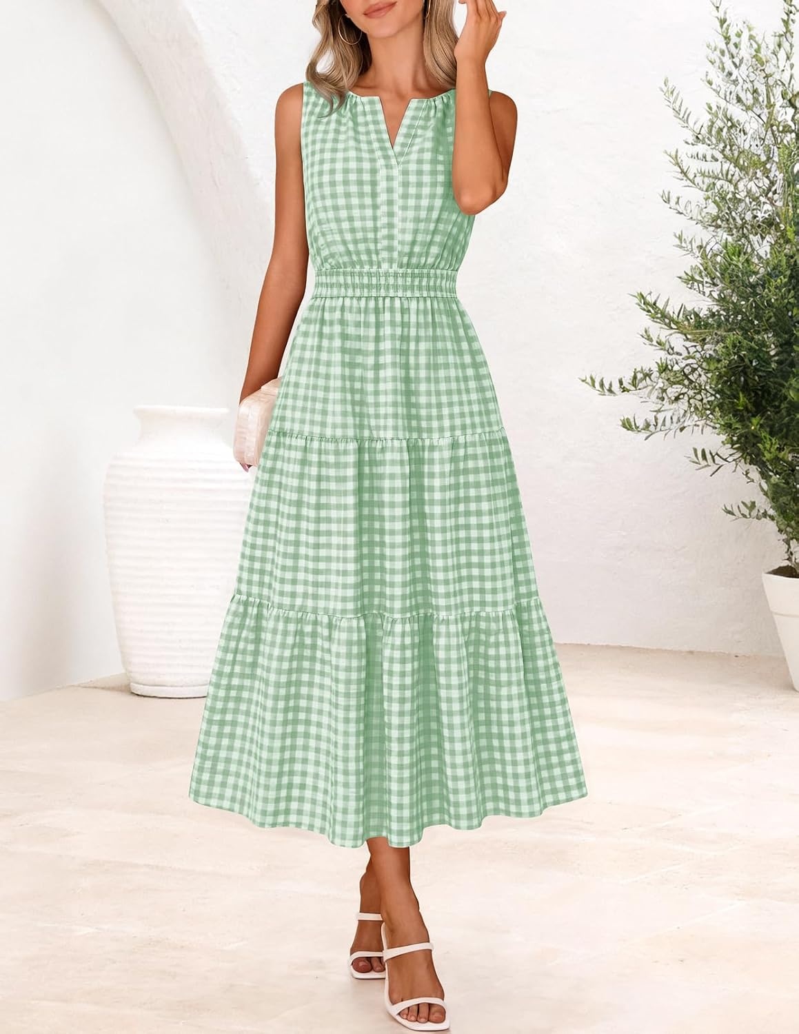 image:imageMEROKEETY Summer Casual Sleeveless V Neck Midi Maxi Cotton Dress Women 2026 Shirred Waist Eyelets Tiered Lined with Pockets Boho Semi Formal Modest Vacation Bridal Shower Church Long DressesGreengingham