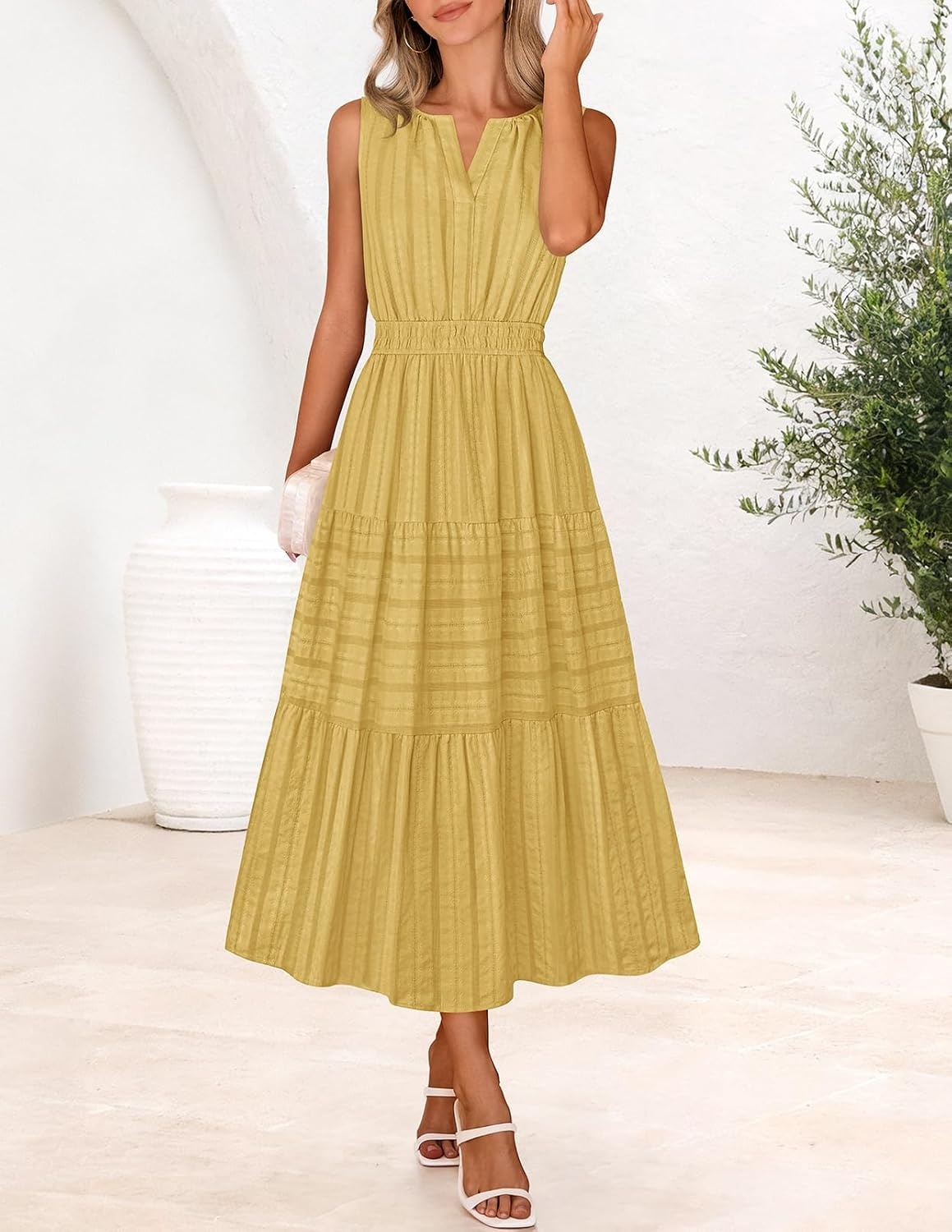 image:imageMEROKEETY Summer Casual Sleeveless V Neck Midi Maxi Cotton Dress Women 2026 Shirred Waist Eyelets Tiered Lined with Pockets Boho Semi Formal Modest Vacation Bridal Shower Church Long DressesYellow