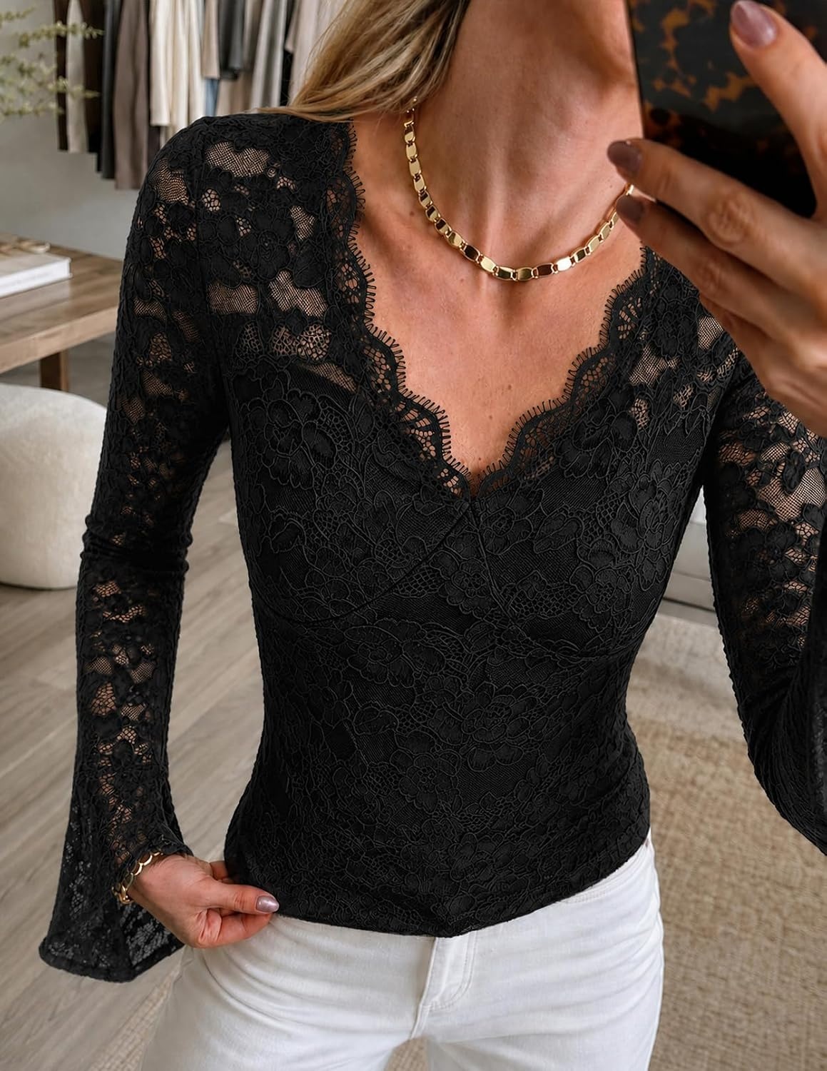 image:imageMEROKEETY Women Fall Lace Long Bell Sleeve Blouse V Neck Dressy Shirt Tops 2026 Trendy Fitted Floral Jacquard Mesh Sheer Sleeves Torsolined Business Casual Fashion Outfit Winter ClothesBlack