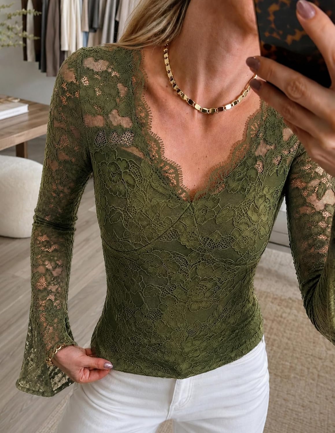 image:imageMEROKEETY Women Fall Lace Long Bell Sleeve Blouse V Neck Dressy Shirt Tops 2026 Trendy Fitted Floral Jacquard Mesh Sheer Sleeves Torsolined Business Casual Fashion Outfit Winter ClothesGreen