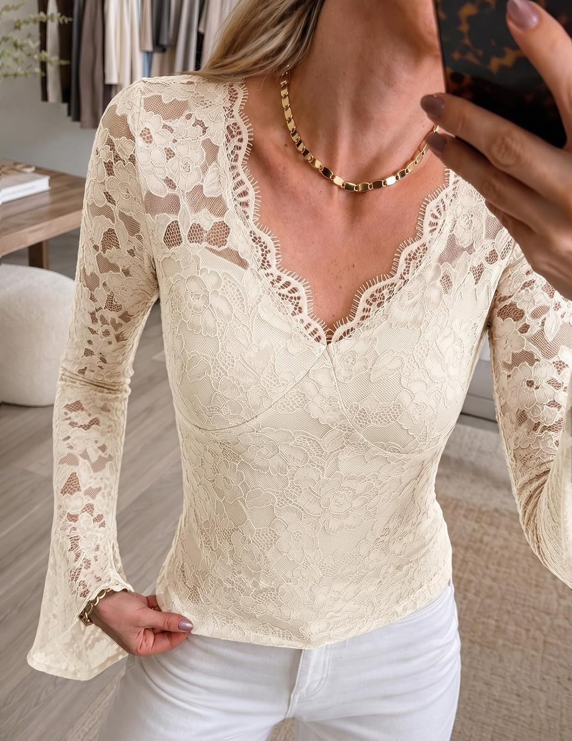 image:imageMEROKEETY Women Fall Lace Long Bell Sleeve Blouse V Neck Dressy Shirt Tops 2026 Trendy Fitted Floral Jacquard Mesh Sheer Sleeves Torsolined Business Casual Fashion Outfit Winter ClothesBeige