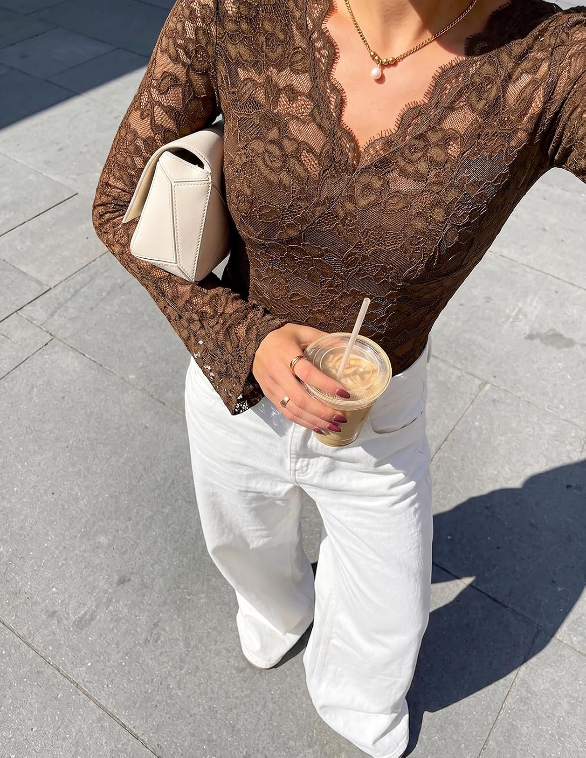 image:imageMEROKEETY Women Fall Lace Long Bell Sleeve Blouse V Neck Dressy Shirt Tops 2026 Trendy Fitted Floral Jacquard Mesh Sheer Sleeves Torsolined Business Casual Fashion Outfit Winter ClothesBrown